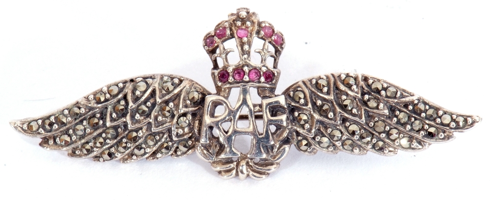 Ruby and marcasite RAF sweetheart pin, stamped sterling, 5.5cm long