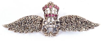 Ruby and marcasite RAF sweetheart pin, stamped sterling, 5.5cm long