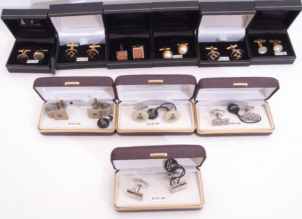 Mixed Lot: ten cased gent"s cuff links, two Masonic examples, sandstone, mother of pearl etc