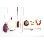 Mixed Lot: pair of amber drop earrings, 925 stamped chain, large oval mother of pearl pendant, a