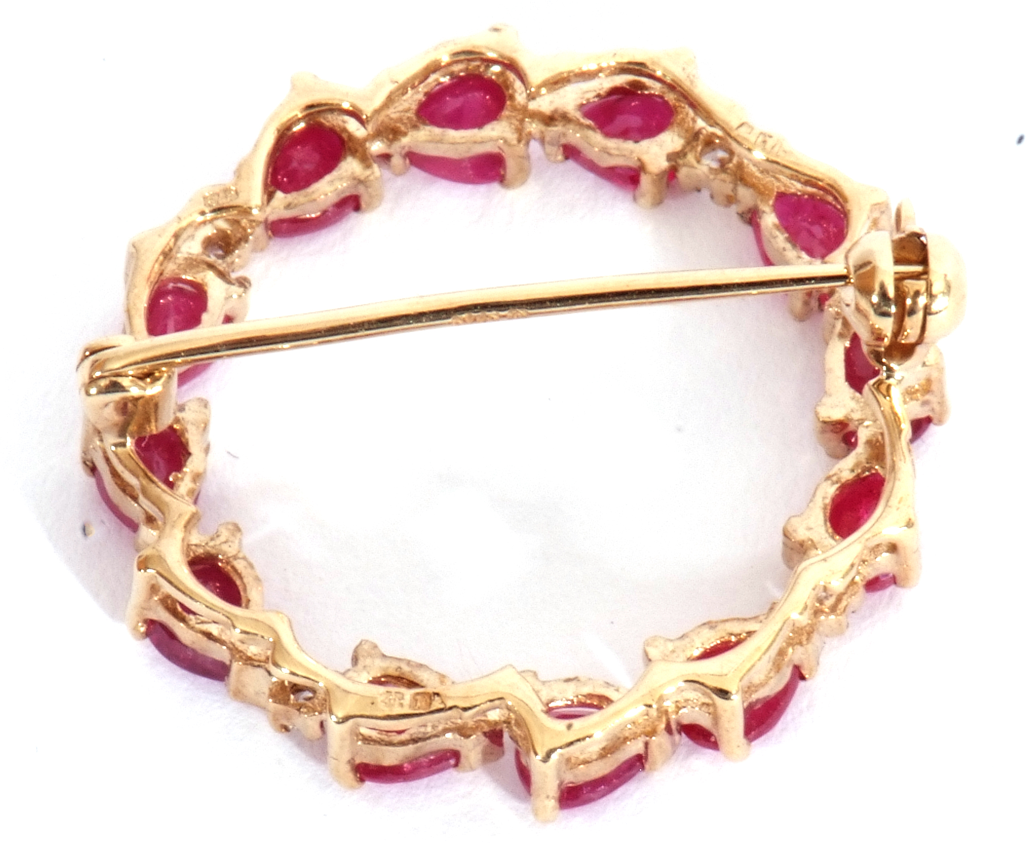 9ct gold ruby and diamond brooch, a garlanded design with groups of three pear shaped rubies, - Image 3 of 4