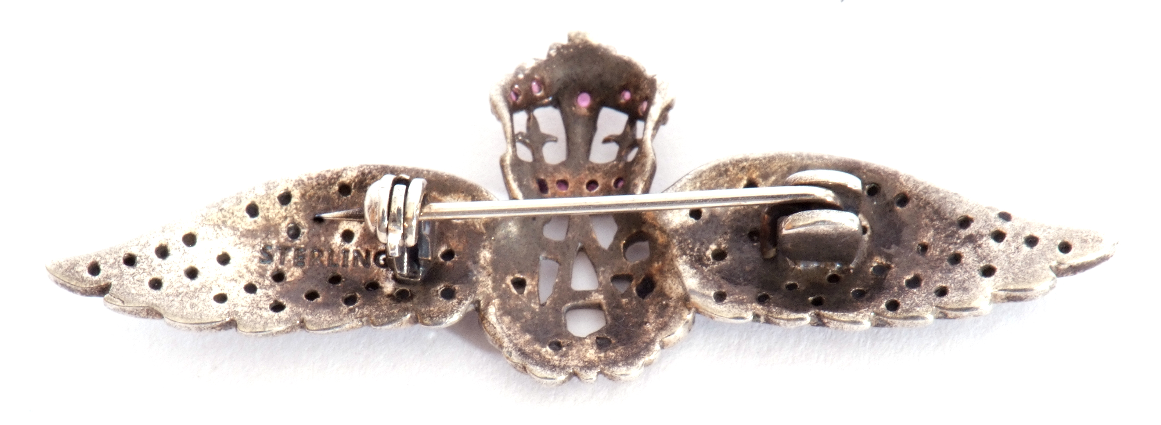 Ruby and marcasite RAF sweetheart pin, stamped sterling, 5.5cm long - Image 2 of 3
