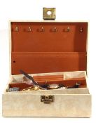 Cream coloured leatherette folding jewellery box and contents to include a silver ingot pendant with
