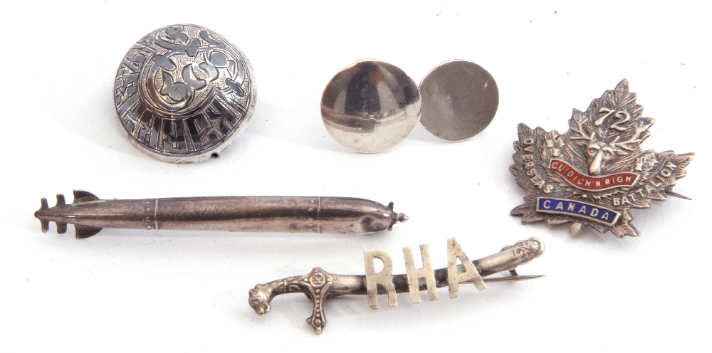 Mixed Lot: two silver studs, a sterling and enamel "Canada" brooch, a white metal dome shaped