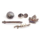 Mixed Lot: two silver studs, a sterling and enamel "Canada" brooch, a white metal dome shaped