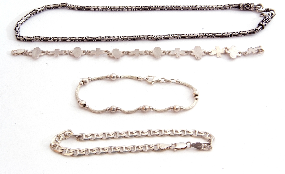 Mixed Lot: 925 stamped Byzantine link necklace together with three 925 marked bracelets, 50.7gms g/