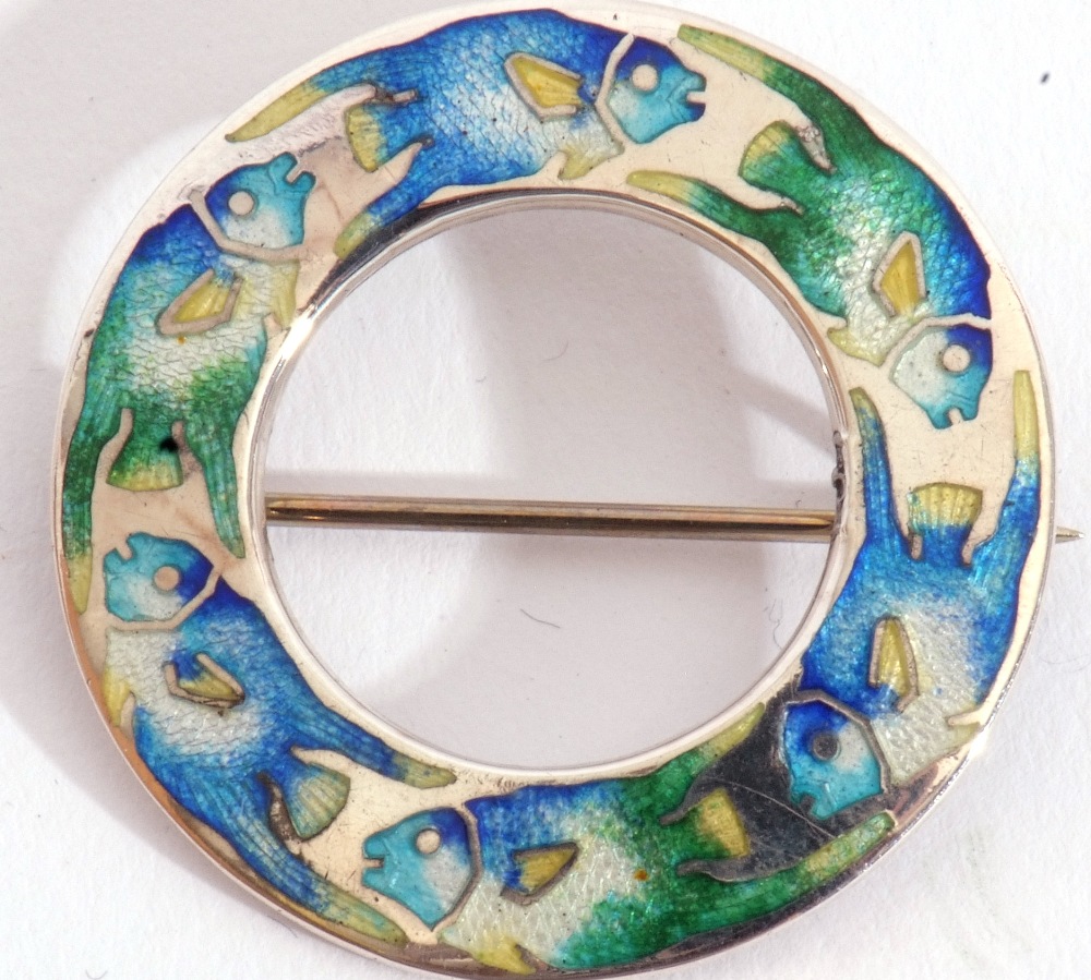 Arts & Crafts sterling and enamel brooch, circular pierced shape, a design of coloured enamel - Image 5 of 5