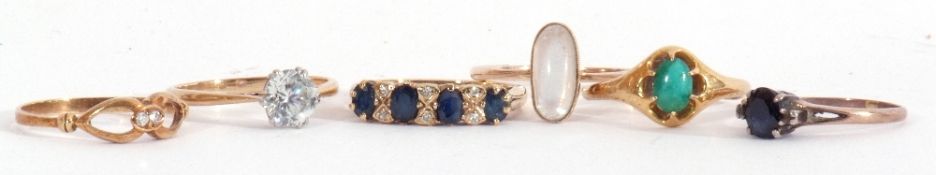 Mixed Lot: 9ct gold sapphire and diamond ring, 9ct gold moonstone ring, four yellow metal
