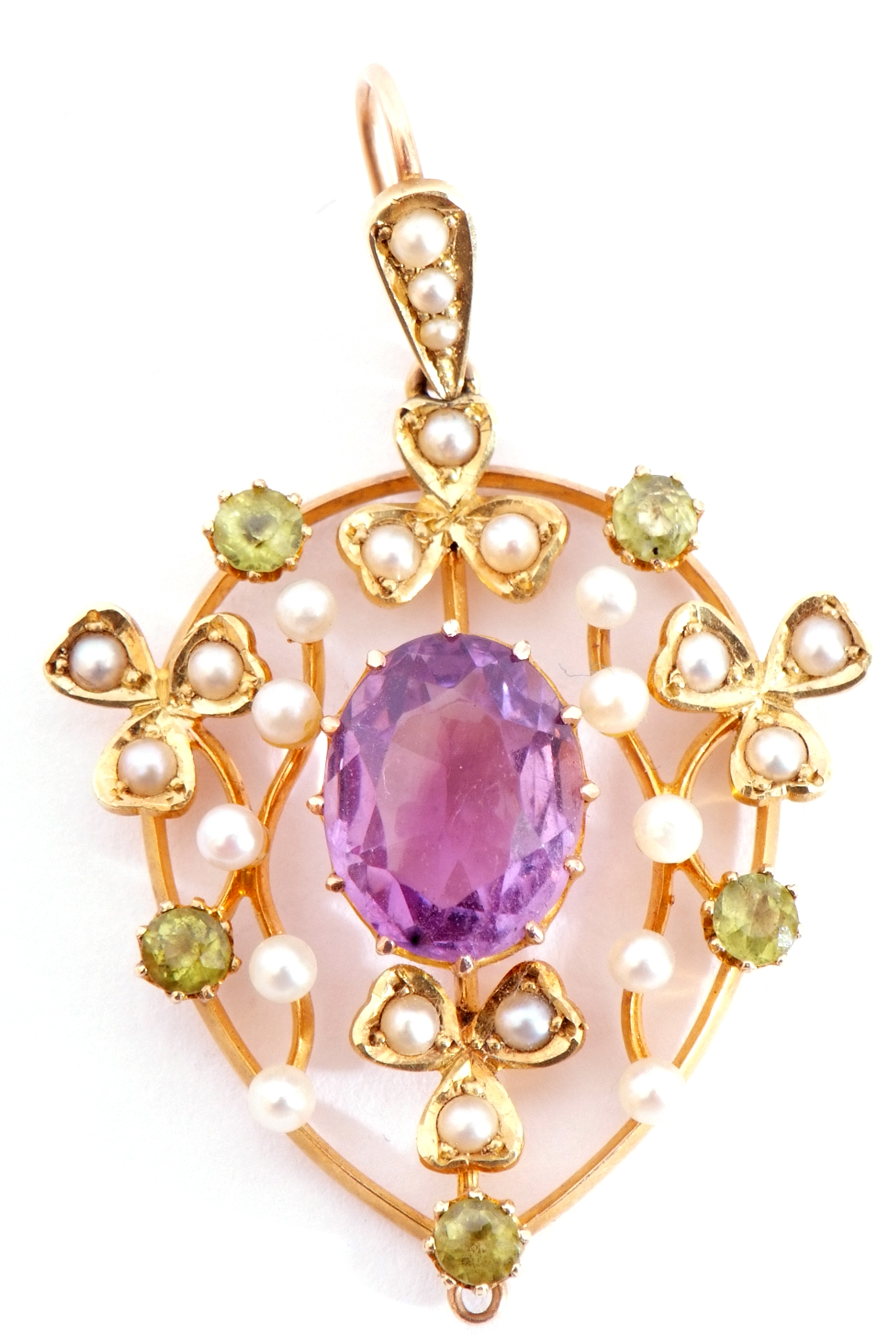 Amethyst, peridot and seed pearl open work pendant centring an oval multi-claw set faceted - Image 2 of 5