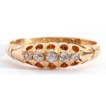 18ct gold antique five stone diamond ring, featuring five graduated old cut diamonds, line set and