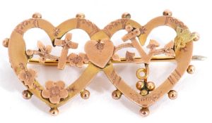 Edwardian 9ct gold double heart sweetheart brooch, Chester 1901, 3cm long, 2.1gms