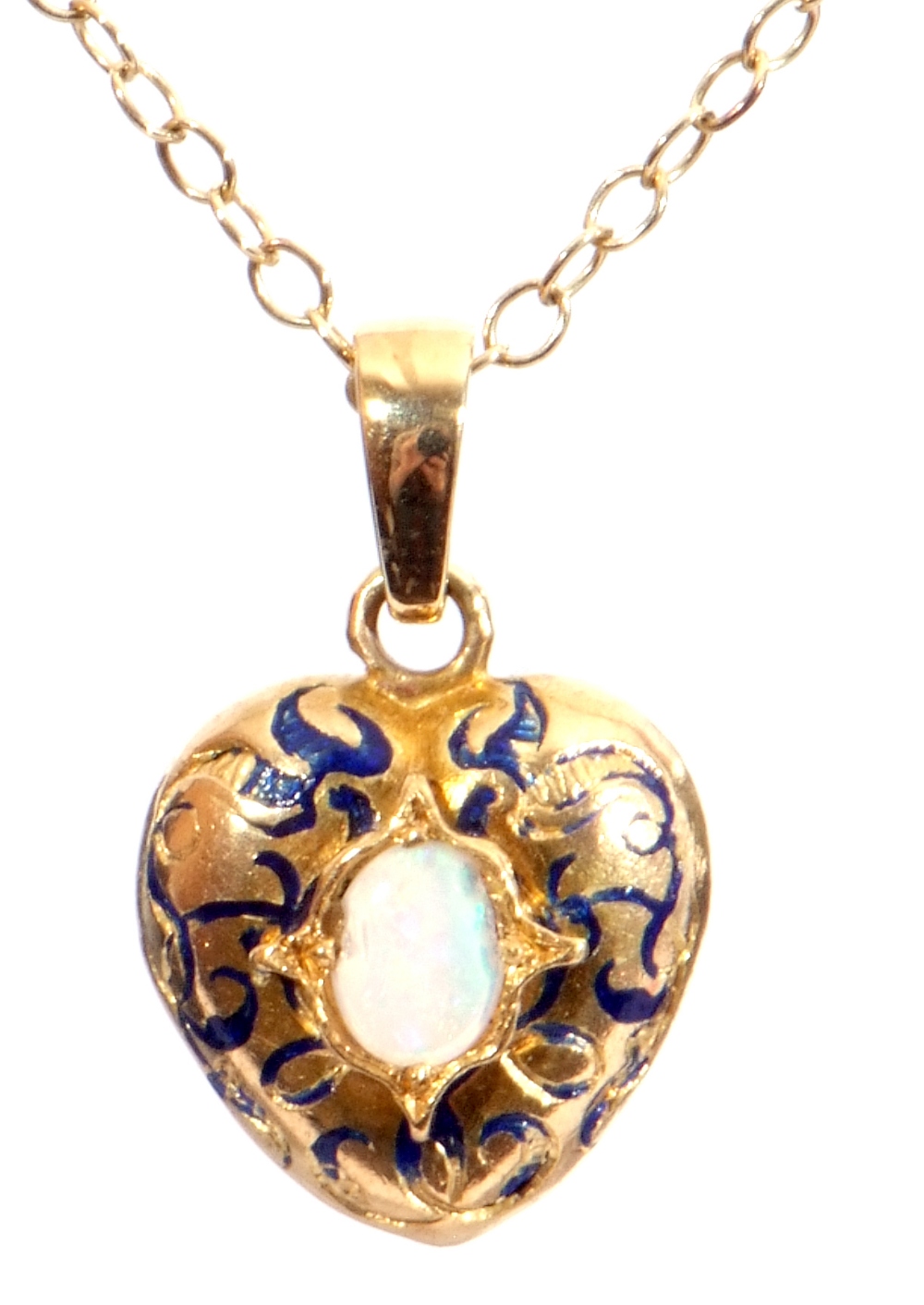 Yellow metal, opal and blue enamel pendant, heart shaped centring an oval opal in an engraved - Image 8 of 8