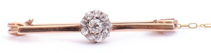 Antique diamond cluster brooch, the plain polished bar centring an old cut diamond cluster, the