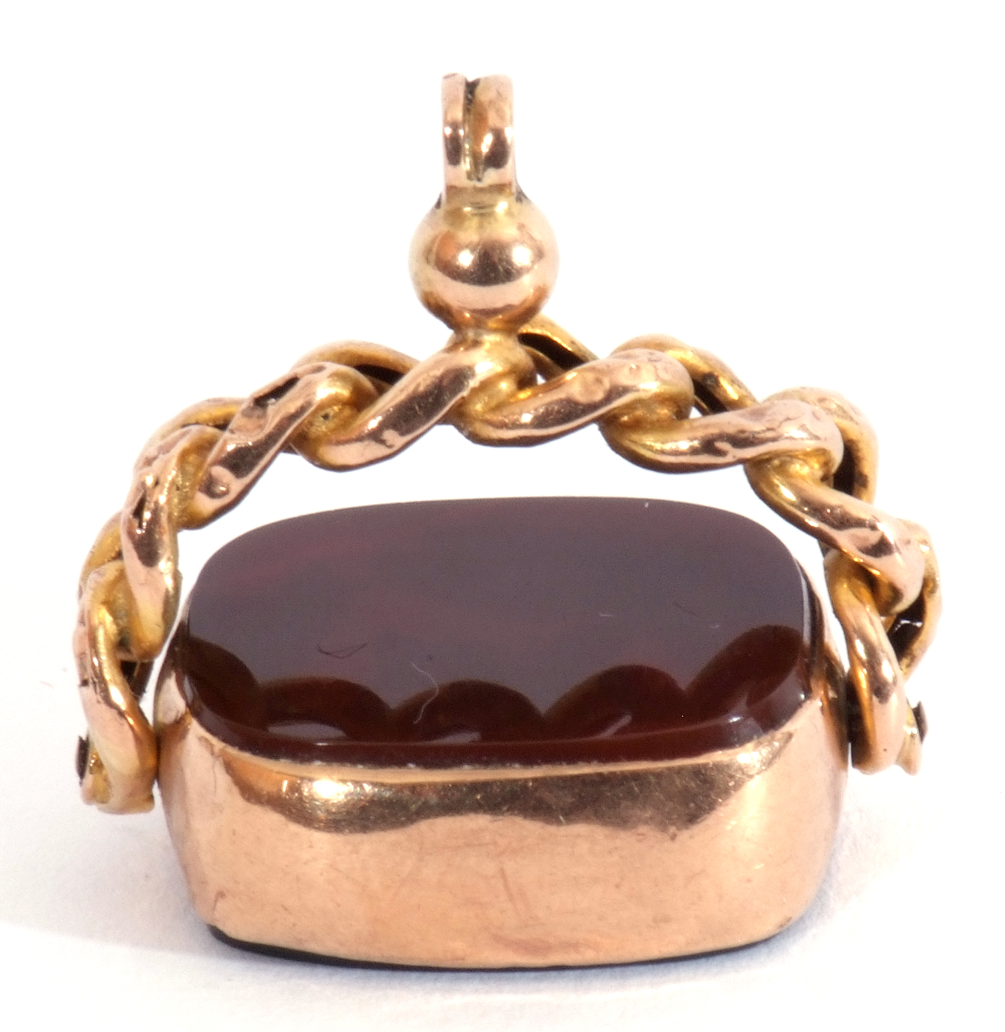 Victorian 9ct stamped swivel fob, shaped rectangular form, bloodstone and carnelian panels on a rope - Image 3 of 3