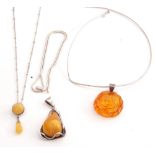 Mixed Lot: pressed amber pendant on a 925 marked bale on a choker style necklace, a modern amber
