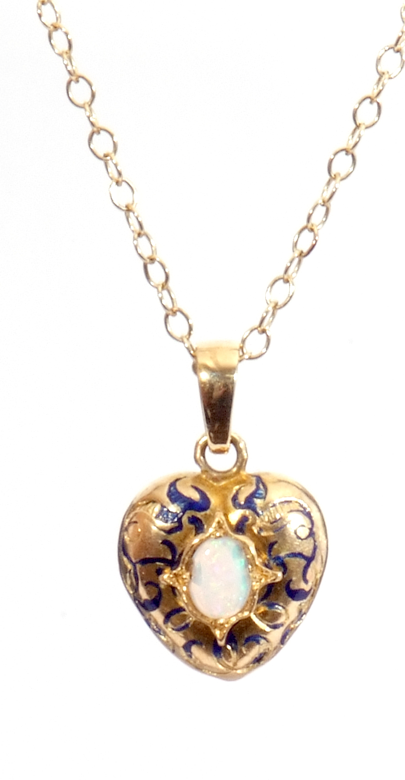 Yellow metal, opal and blue enamel pendant, heart shaped centring an oval opal in an engraved - Image 2 of 8