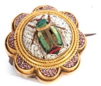 Antique micro-mosaic scarab brooch, circa 1870, in a rope twist and yellow metal petal formed