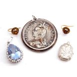Mixed Lot: Victorian coin pendant, 1891, a white metal locket, a Tova 925 stamped cubic zirconia
