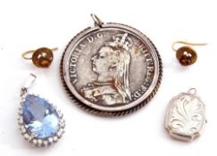 Mixed Lot: Victorian coin pendant, 1891, a white metal locket, a Tova 925 stamped cubic zirconia