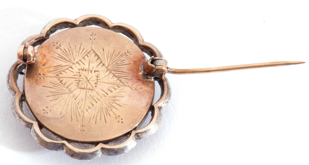 Antique 15ct stamped brooch centring a small old cut diamond and six small seed pearls, verso with - Image 5 of 5