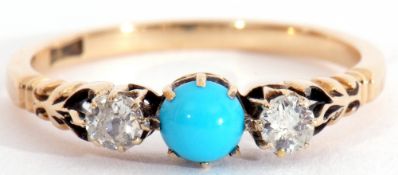 Antique turquoise and diamond three stone ring, centring a cabochon turquoise flanked by two round
