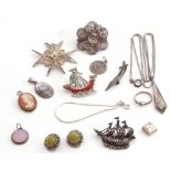 Mixed Lot: marcasite sail boat brooch, stamped sterling, two white metal brooches, two 925 abalone