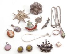 Mixed Lot: marcasite sail boat brooch, stamped sterling, two white metal brooches, two 925 abalone