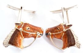 Pair of white metal and enamel horse head cuff links, a coloured translucent enamel horse head