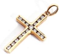 Diamond set cross, channel set with 16 small graduated single cut diamonds, suspended on a 9ct