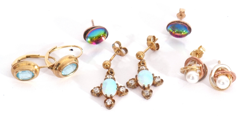 Mixed Lot: four pairs of gilt metal earrings to include opalescent, seed pearl examples