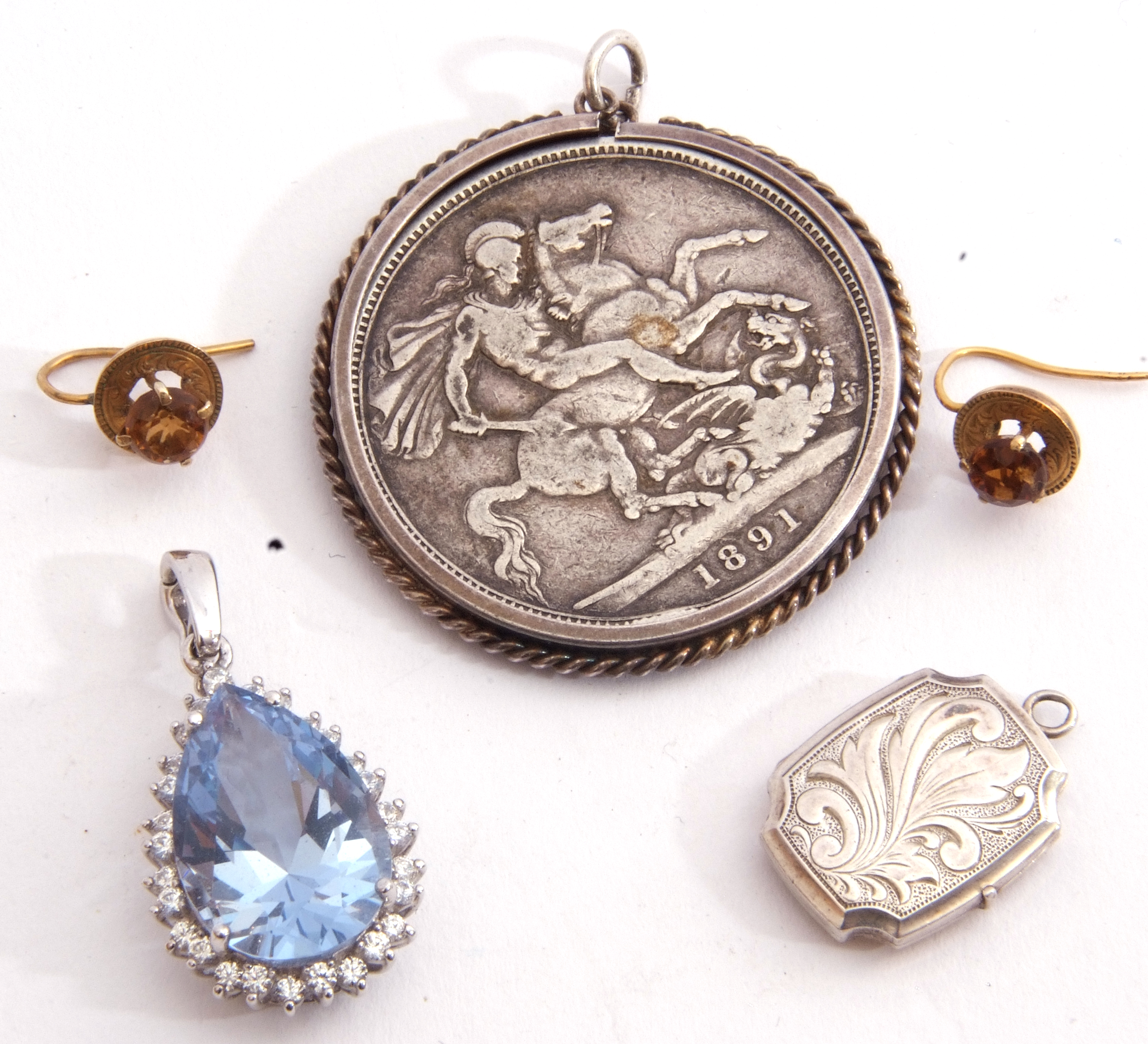 Mixed Lot: Victorian coin pendant, 1891, a white metal locket, a Tova 925 stamped cubic zirconia - Image 2 of 2