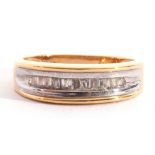 Modern 18ct gold and diamond ring, two-tone waisted band set with 13 pave small set baguette