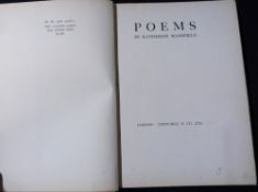 KATHERINE MANSFIELD: POEMS, London, Constable, 1923, 1st edition, 4to, original quarter cloth,