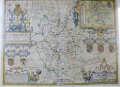 JOHN SPEED: BEDFORD SHIRE AND THE SITUATION OF BEDFORD DESCRIBED..., engraved hand coloured map