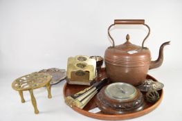 TRAY CONTAINING LARGE COPPER KETTLE, A PLATED BUTTER TUB COVER WITH COW FINIAL, BAROMETER ETC