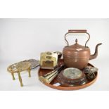 TRAY CONTAINING LARGE COPPER KETTLE, A PLATED BUTTER TUB COVER WITH COW FINIAL, BAROMETER ETC