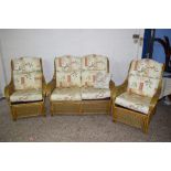 THREE PIECE CANE CONSERVATORY SUITE COMPRISING TWO SEATER SOFA AND TWO ARMCHAIRS, THE SOFA APPROX