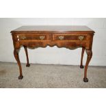 GOOD QUALITY REPRODUCTION SIDE TABLE RAISED ON BALL AND CLAW FEET WITH TWO DRAWERS BENEATH, CROSS