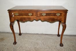 GOOD QUALITY REPRODUCTION SIDE TABLE RAISED ON BALL AND CLAW FEET WITH TWO DRAWERS BENEATH, CROSS