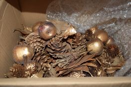 TWO BOXES OF CHRISTMAS TYPE DECORATIONS, FIR CONES, ETC