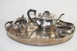 PLATED TEA SET ON A TRAY COMPRISING TEA POT, MILK JUG AND SUGAR BOWL