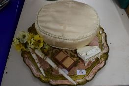 TRAY CONTAINING SMALL SILK CUSHION WITH FLEUR DE LYS DESIGN AND TWO CANDLES AND OTHER FLORAL ITEMS