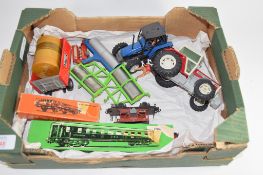 BOX CONTAINING TOY TRACTORS AND A MARKLIN RESTAURANT WAGON TRAIN SET AND FURTHER MARKLIN GOODS