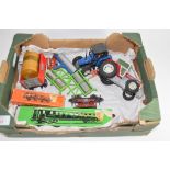 BOX CONTAINING TOY TRACTORS AND A MARKLIN RESTAURANT WAGON TRAIN SET AND FURTHER MARKLIN GOODS