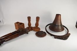 BOX CONTAINING WOODEN ITEMS, PAIR OF WOODEN CANDLESTICKS ETC