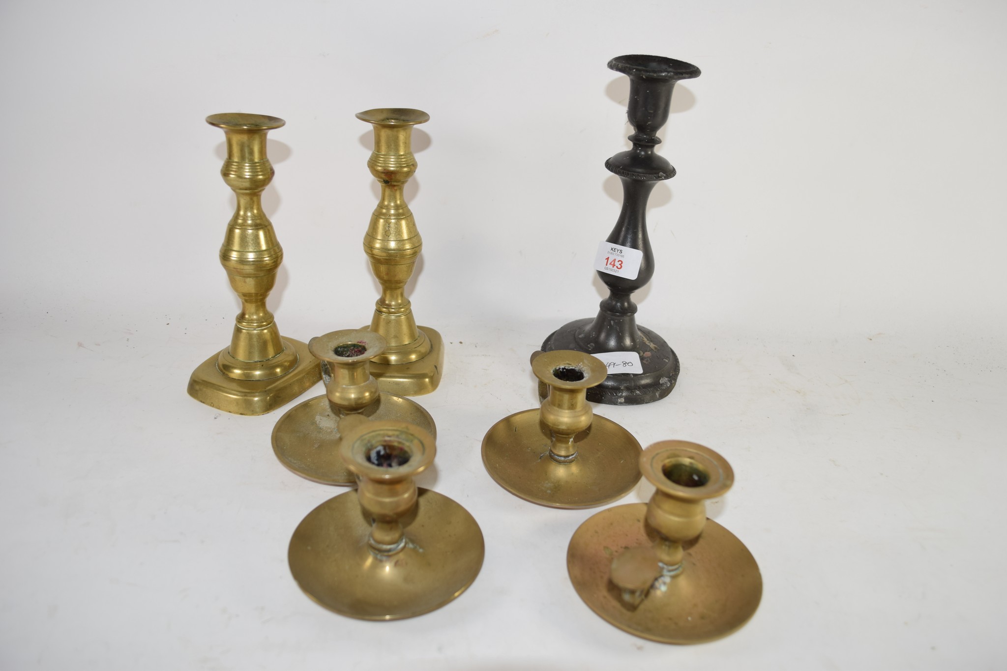 PAIR OF BRASS CANDLESTICKS, FURTHER CANDLESTICKS AND FOUR TAPER STICKS