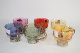 SIX SMALL GLASS DRINKING CUPS WITH METAL BASES, SOME WITH VIEWS OF SAN MARINO