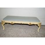 PAINTED WOOD UPHOLSTERED FOOT STOOL WITH GILT DECORATION, LENGTH APPROX 92CM