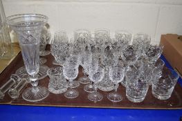 TRAY CONTAINING CUT GLASS WARES INCLUDING TWO FLOWER VASES, SOME LIQUEUR GLASSES ETC