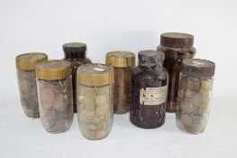 BOX CONTAINING OLD JARS WITH COINAGE, MAINLY OLD PENNIES
